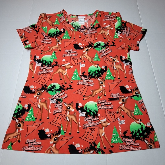 Rudolph the Red Nosed‎ Reindeer Womens Scrub Top Christmas Size Small - Picture 1 of 6